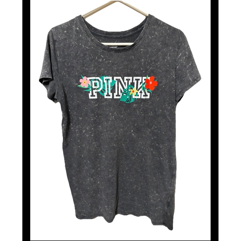 Victorias Secret PINK Gray Acid Wash Tropical Floral Logo Graphic T-Shirt Medium